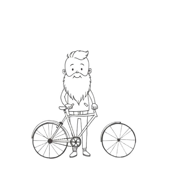Schets van een man met baard naast een fiets
